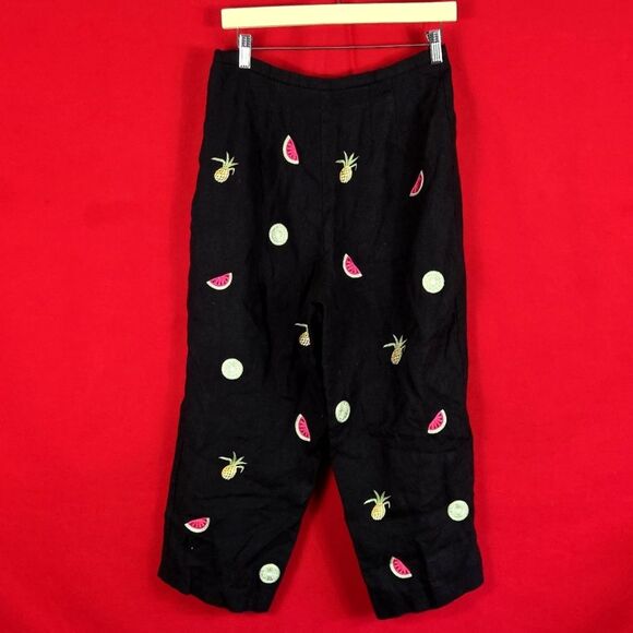 TALBOTS VINTAGE Linen Fruit Embroidered Cropped Pants Black Size 12P Lagenlook - Picture 3 of 10